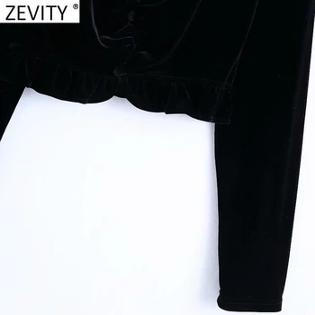 Zevity las Mujeres de la Vendimia de la Plaza del Collar de Terciopelo Corto Delantal de Blusa de Mujer Ropa de Manga Larga Camisa de Volantes Chic Blusas Tops LS7438