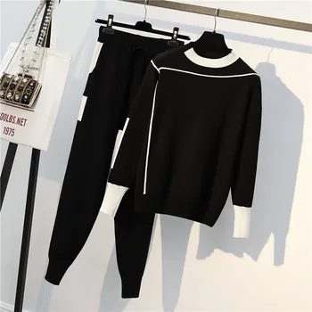 Femenino Conjunto de pantalones conjunto de 2019 primavera y otoño nueva moda de color sólido jersey top de punto casual slim pantalones de gran tamaño de dos piezas