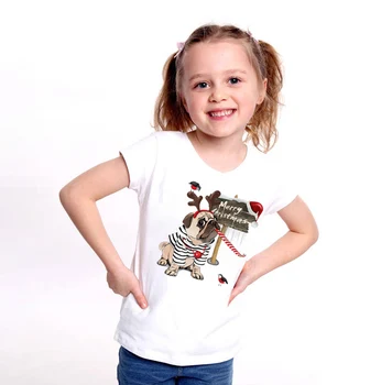 Moda Lindo De La Historieta Del Pug De Navidad Del Perro De Impresión 2020 Nuevo Verano De Niños Del Bebé Camiseta Niños T-Shirts De Los Niños De Algodón De La Parte Superior De Las Niñas Ropa