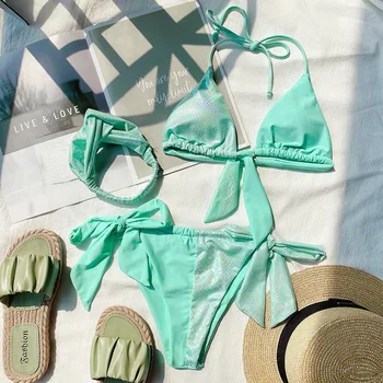 INGAGA Push Up Bikini Trajes de baño 2021 trajes de baño de las Mujeres de la Cadena de Halter Biquini Bañistas Arco en el pecho de la ropa de playa de Thong Trajes de Baño