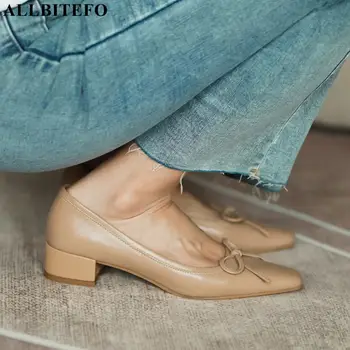 ALLBITEFO total del cuero genuino de corbatín de tacón bajo cómodo woemn zapatos gruesos tacones de la oficina de zapatos de damas de otoño de la mujer de tacones