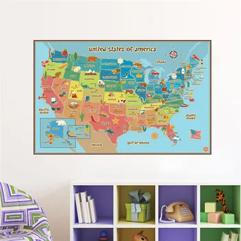 Animales y Plantas Mapa De América Pegatinas de Pared Aula del jardín de Niños de la Sala de la Decoración del Hogar, estados UNIDOS Mapa Mural de Arte Diy Decal Pvc