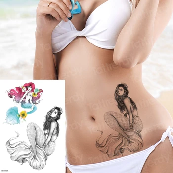Tatuaje, etiqueta engomada de la sirena 6pcs/juegos impermeable de tatuajes acuarela de pescado sexy temporales tatuajes de la espalda de la muchacha en bikini pegatinas de arte corporal