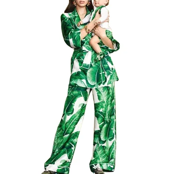 Pista de 2018 otoño e invierno nueva hoja de plátano imprimir traje de mujer traje de cuello pijamas abrigo chaqueta + recta pantalones de dos conjuntos