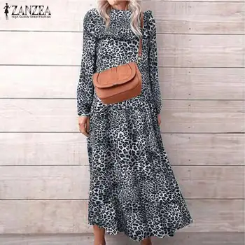 Elegante Vestido de Leopardo Impresa 2021 de las Mujeres Vestido de Verano ZANZEA Casual de Manga Larga Maxi Vestidos Más el Tamaño de la Hembra de la Colmena de la Túnica