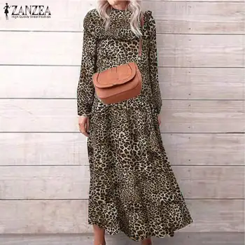 Elegante Vestido de Leopardo Impresa 2021 de las Mujeres Vestido de Verano ZANZEA Casual de Manga Larga Maxi Vestidos Más el Tamaño de la Hembra de la Colmena de la Túnica
