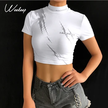 Weekeep Blanco Reflectante Bodycon camiseta de Mujer de Punto O-cuello de Manga Corta Impresa camiseta Sexy Ropa de la camiseta femme Tops