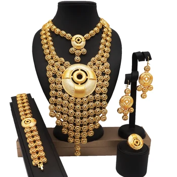 Dubai Oro 24k Grandes Conjuntos de Joyas de las Mujeres de la Boda Collar Largo