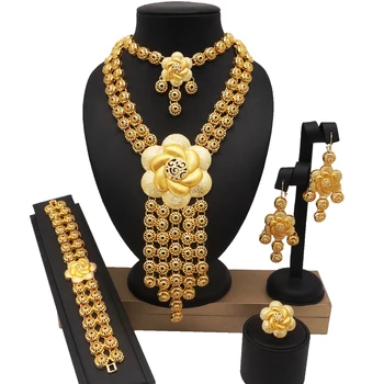 Dubai Oro 24k Grandes Conjuntos de Joyas de las Mujeres de la Boda Collar Largo