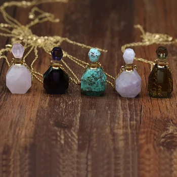 Botella de Perfume Colgante, Collar Natural de Piedra de la Gema Amatistas Facetadas de Cuarzo Aceite Esencial Difusor Vial de la Joyería de las Mujeres Collares