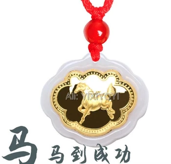 Natural de Grado Jadeíta del Jade + 18 quilates de Oro Chino Doce del Zodiaco Amuleto Animal de la Suerte de Bloqueo Colgante + Collar de la Joyería del Certificado
