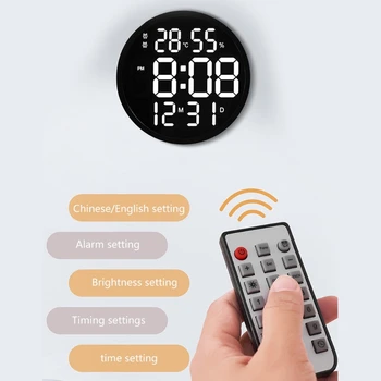 Diseño Simple de la Sala LED Redondo Reloj de Pared de la Pantalla Digital de la Temperatura y la Humedad de Visualización de la Fecha de la Alarma del Reloj de la Casa