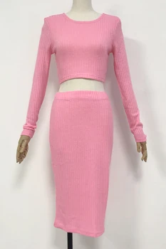 Otoño invierno mujeres de color rosa de manga larga de dos piezas, conjuntos de falda amarilla casual, bodycon vintage trajes de midi de la oficina de moda de las señoras