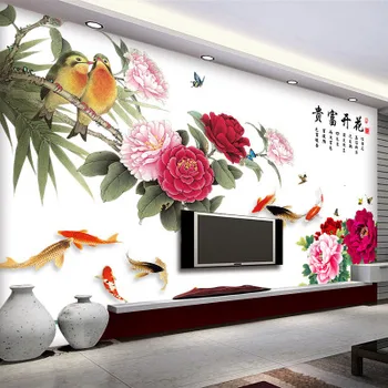Estilo chino de la Peonía Flores Amante de las Aves etiqueta Engomada de la Pared de la Cabecera de TV de Fondo Decoración de la Pared Mural de Arte de la Fortuna en la Cita de Calcas