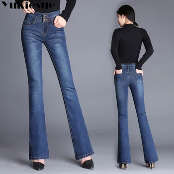 Además de gran tamaño con cintura alta pantalones Vaqueros para mujeres flaco slim stretch de la llamarada de los pantalones vaqueros del dril de algodón de la mujer trosuers femenina jeans femme