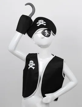 Los niños Traje de Pirata Chaleco Negro con Visera del Sombrero de Pirata y el Gancho de la Bolsa de Establecer para los Niños Boy Tema de Halloween Fiesta de Cosplay Vestido de