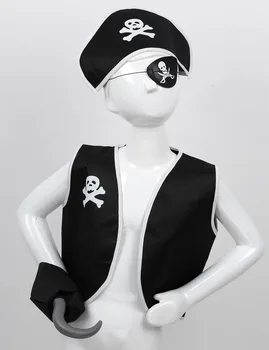 Los niños Traje de Pirata Chaleco Negro con Visera del Sombrero de Pirata y el Gancho de la Bolsa de Establecer para los Niños Boy Tema de Halloween Fiesta de Cosplay Vestido de