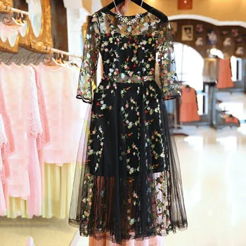 ETOSELL Boho Vintage Floral Bordado de Malla de Encaje Vestidos de Moda de la Pista Vestido Casual Ver a Través de Vestidos