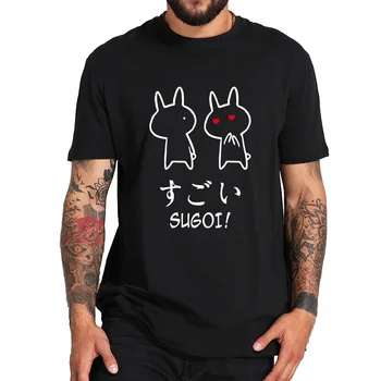 Sugoi Conejo camiseta Lindo Anime De Japón Diseño Original Algodón Camiseta Tops de Manga Corta Negra Kawaii de la Camiseta de la UE Tamaño