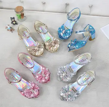 Los niños de tacón alto sandalias de verano de las nuevas niñas princesa casual zapatos de bebé de dibujos animados Elsa la Reina de la Nieve de cristal zapatos