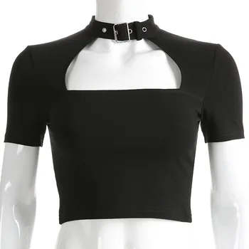 Lossky Sexy Cropped Tops de las Mujeres Vogue Gargantilla Collar de Hebilla de Metal Corta T-shirt de Verano Vegana Ropa Negra Gótico Streetwear 2020