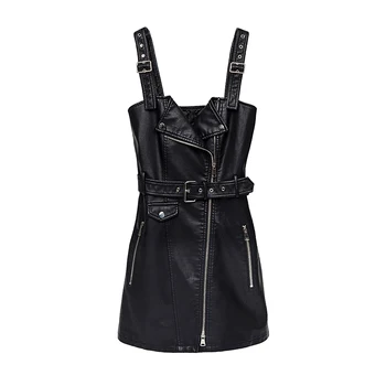 2019 Cuero de la PU Gótico Negro Corto de Bodycon Vestido de las Mujeres dispositivo de suspensión Ajustable Hebilla de Cinturón de Streetwear de Punk Rock de Mini Vestidos