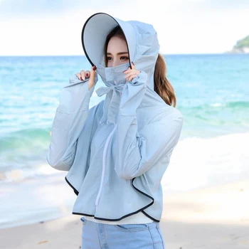 BINGYUANHAOXUAN 2019 Nuevo Sombrero de Sol UV Transparente protector solar Ropa de Manga Larga Camiseta de las Mujeres ropa de Playa de Protección contra el Sol Cover-ups