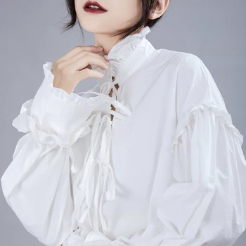 [EAM] las Mujeres Blancas Arco Vendaje Volantes Plisado Blusa Nueva de Cuello de Pie Puff Manga Loose Fit Camisa de Moda Primavera Otoño 1A330