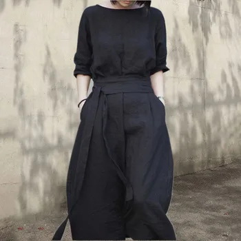 Maxi Vestido Boho 2019 Otoño Coreano Estilo Sólido De Las Mujeres De La Rodilla Fiesta Vestido Negro De Algodón De Lino De Una Línea De Vestido De Japón Vestidos De Niñas
