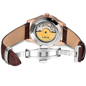 Nueva LIGE los Hombres de la Moda de los Relojes de la Marca Superior de Lujo Tourbillon Automático Reloj Mecánico de los Hombres Casuales de Cuero Impermeable Reloj deportivo