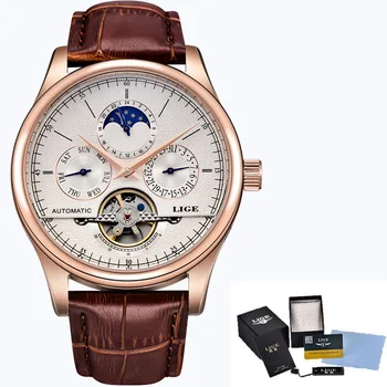 Nueva LIGE los Hombres de la Moda de los Relojes de la Marca Superior de Lujo Tourbillon Automático Reloj Mecánico de los Hombres Casuales de Cuero Impermeable Reloj deportivo