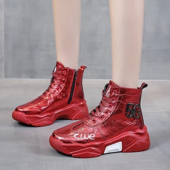 ADBOOV de la Moda de Invierno de las Mujeres Zapatillas de deporte de Alta Superior SneakersFur Linling Patente de Cuero de las Mujeres Zapatos Gruesos Zapatillas de deporte