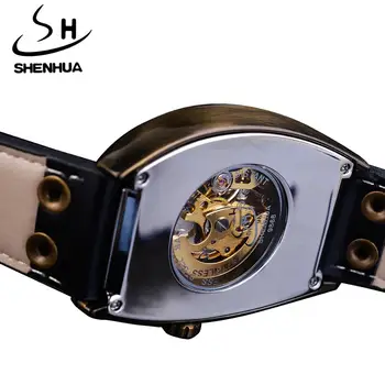 Shenhua El Esqueleto De Marcación Diseño Negro De Oro Retro Mecánico Reloj De Cuero Banda Luminosa De La Mano Automático Reloj De Los Hombres Del Deporte Relojes