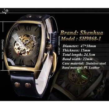Shenhua El Esqueleto De Marcación Diseño Negro De Oro Retro Mecánico Reloj De Cuero Banda Luminosa De La Mano Automático Reloj De Los Hombres Del Deporte Relojes