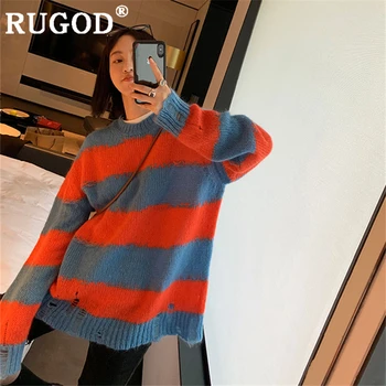 RUGOD 2019 coreano de la raya de las mujeres suéteres de punto de Moda de cuello redondo de manga larga suelta 