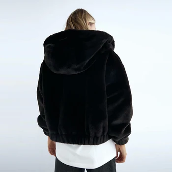 Las mujeres de la Chaqueta con Capucha de Piel Sintética de gran tamaño Abrigos de Piel Artificial Negra Hembra Outercoats Otoño Invierno Za2020 Gruesa Caliente Outcoats