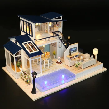 Muebles de madera Bricolaje de Casa de Muñecas Casa en Miniatura Montar 3D Miniaturas de casa de Muñecas de Rompecabezas de Kits de Juguetes Para los Niños Regalo de Cumpleaños