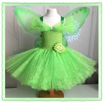 Las niñas Verde de la Mariposa de Flor de Hadas Tutu Vestido de los Niños de Ganchillo Brillo Vestido de Tul Vestido de fiesta con Ala Fiesta infantil de Disfraces Vestido de