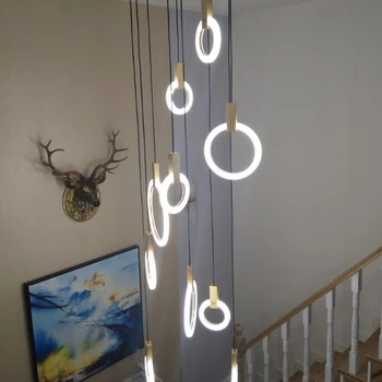 Moderna lámpara de Araña de Madera Anillo de iluminación de la lámpara minimalista Nórdico diseñador de escaleras multi anillo de arte de la lámpara de Madera lustre de nave de la Gota