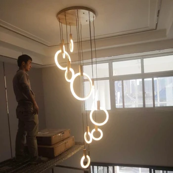 Moderna lámpara de Araña de Madera Anillo de iluminación de la lámpara minimalista Nórdico diseñador de escaleras multi anillo de arte de la lámpara de Madera lustre de nave de la Gota