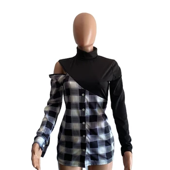 S-4XL Mujer Tops y Blusas Más el Tamaño de la Tortuga Botón de la Camisa a Cuadros de Patchwork camiseta de Manga Larga Vestido de Mayoristas de Dropshipping
