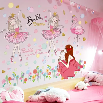 [shijuekongjian] Chica de dibujos animados Flamingo Pegatinas de Pared DIY Burbujas de vinilos para Habitaciones de los Niños Bebé Dormitorio Decoración de la Casa
