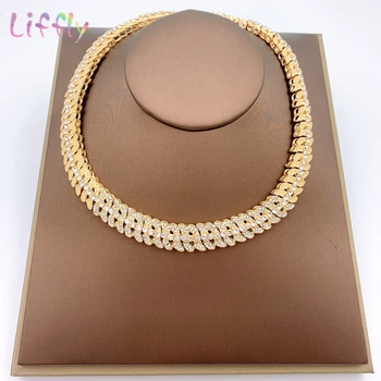 Liffly de la Moda Nupcial de la Joyería del Collar Conjuntos de Pulsera de Cristal Pendientes de Dubai del Oro de la Joyería para las Mujeres Anillo de Bodas de la Joyería Conjunto