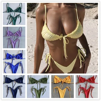 Mujeres Sexy de Triángulo de Encaje Hasta Bikini Trajes de Color Sólido Acanalada de Sujetador y Tanga de trajes de baño Traje de baño