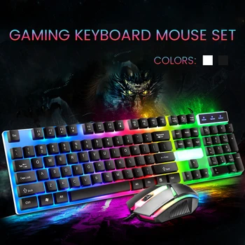 Juego de Teclado con luz de fondo LED RGB de Teclado Y Ratón teclado con Cable de Juegos para ordenador PC portátil de color rosa, negro, blanco