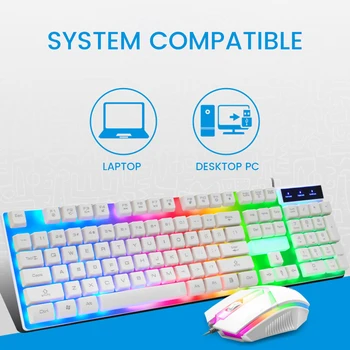 Juego de Teclado con luz de fondo LED RGB de Teclado Y Ratón teclado con Cable de Juegos para ordenador PC portátil de color rosa, negro, blanco