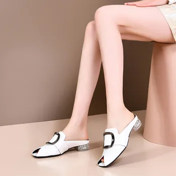 FEDONAS de la Moda de la Decoración del Metal de las Mujeres Sandalias de Cuero Genuino de punta Abierta Gruesa Tacón Bombas Trabajo Informal nuevos Zapatos Mujer