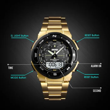 SKMEI de Oro de Doble Pantalla de los Hombres Relojes de Acero Inoxidable Luminoso 5Bar Impermeable Tendencia Digital Reloj Masculino reloj digital hombr