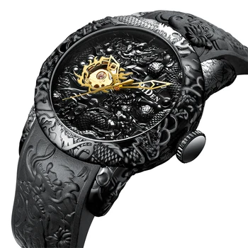 La parte superior de la Marca de Lujo del Reloj Mecánico de los Hombres de Oro Negro Completo de Relojes de Creative 3D Escultura de Dragón Fresco Masculina de la Mano de Viento reloj de Pulsera reloj