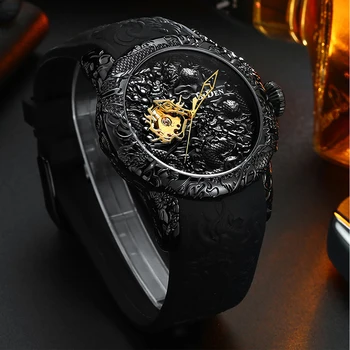 La parte superior de la Marca de Lujo del Reloj Mecánico de los Hombres de Oro Negro Completo de Relojes de Creative 3D Escultura de Dragón Fresco Masculina de la Mano de Viento reloj de Pulsera reloj